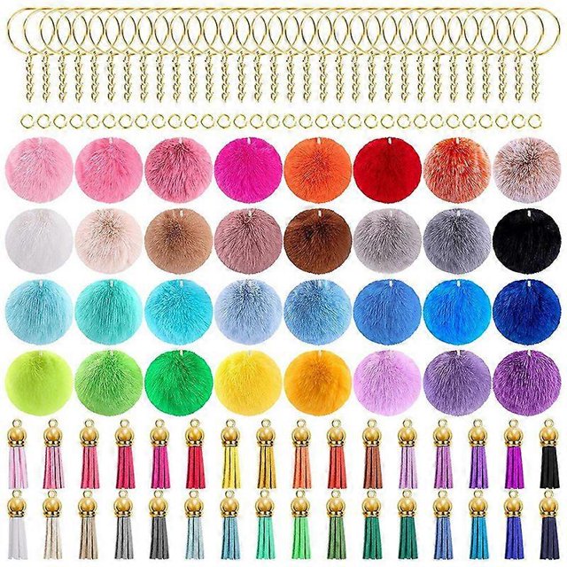 160 PCS Keychain Pom Pom Tassel Set Pom Pom Balls Gold Key Ring Faux Fur Pom Pom for DIY Projects, R