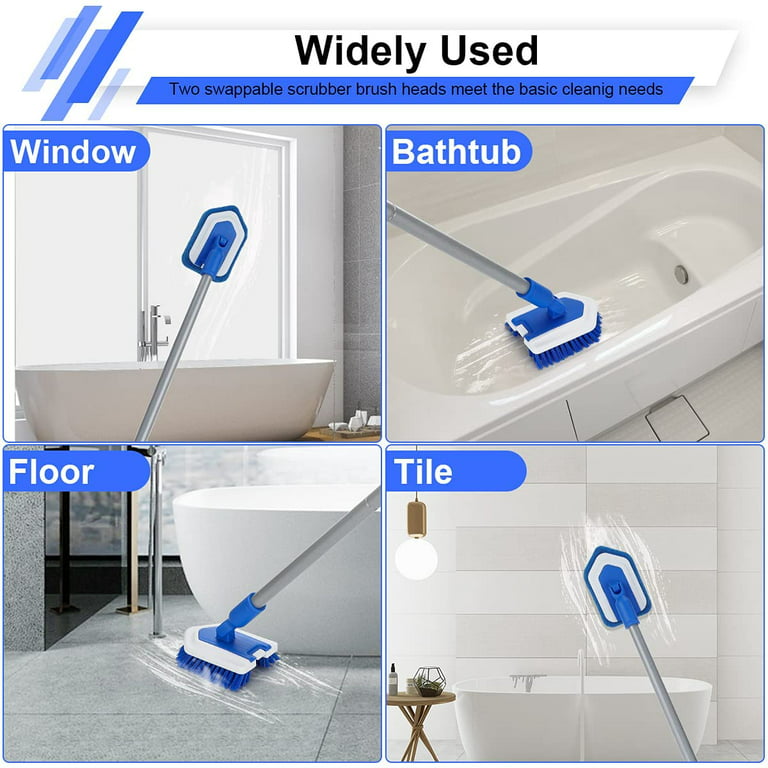Shower Bathtub Tub & Tile Scrubber Cleaning Brush with Long Handle 46'' - 2  in 1 Scrub Brush Extendable Floor Brush with 3 Sponge & 1 Stiff Bristles