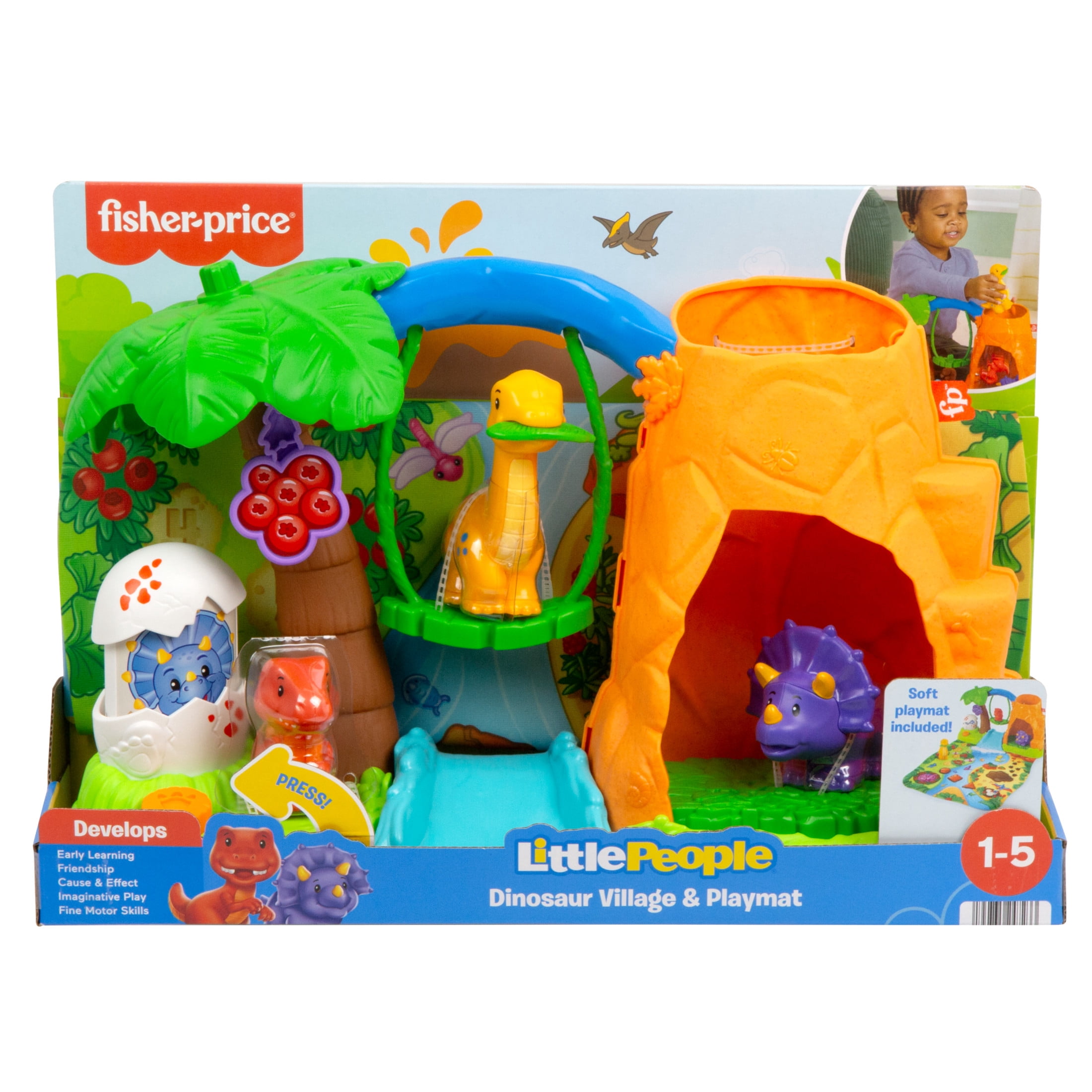 Fisher-Price Little People Dinosaur Village & Play Mat Toddler Playset, 3 Toy Figures