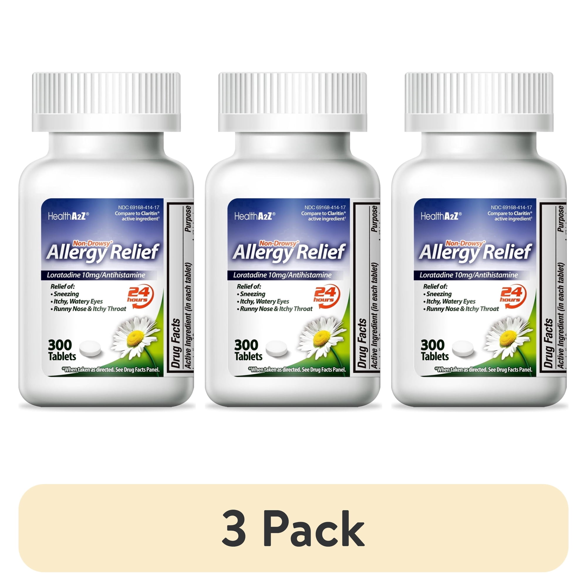 (3 pack) HealthA2Z Allergy Medicine Loratadine, 24 Hour Non-Drowsy Allergy Pill and Sinus Relief, 10 mg, 300 Tablets