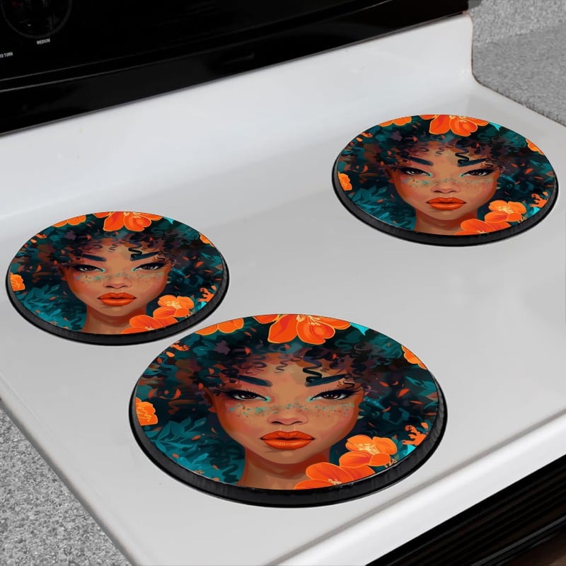BaHomeck Electric Stove Burner Covers Set of 4,Round Metal Gas Stove Burner Covers 8 Inch and 10 Inch,Kitchen Decor,Beautiful African Woman With Big Brown Eyes