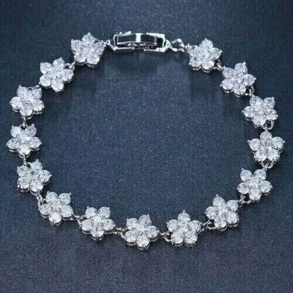 Flower Tennis Bracelet 9Ct Round Cut Natural Moissanite 7.5" in 14K White Gold Plated for Women