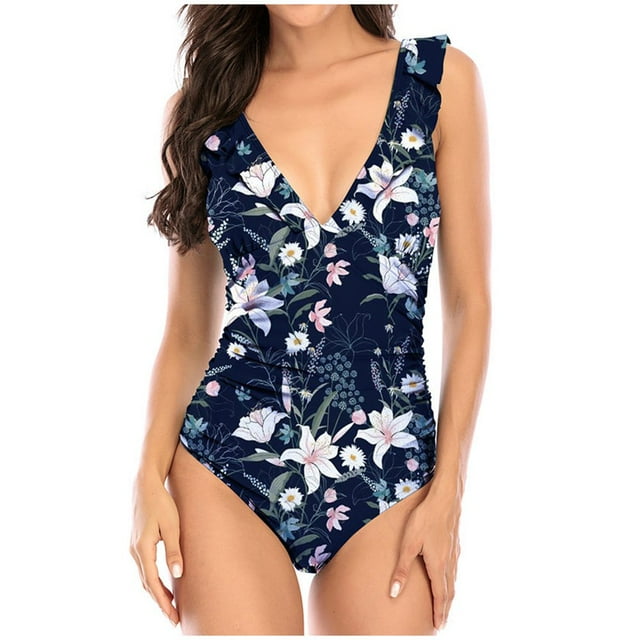 OUSITAID Swimsuit Women One Piece Bathing Suit For Women Plus Size Swimsuit For Women Print Monokini Tummy Control Swimwear Ruffled Lace Up Deep V Neck High Waisted Bathing Suits