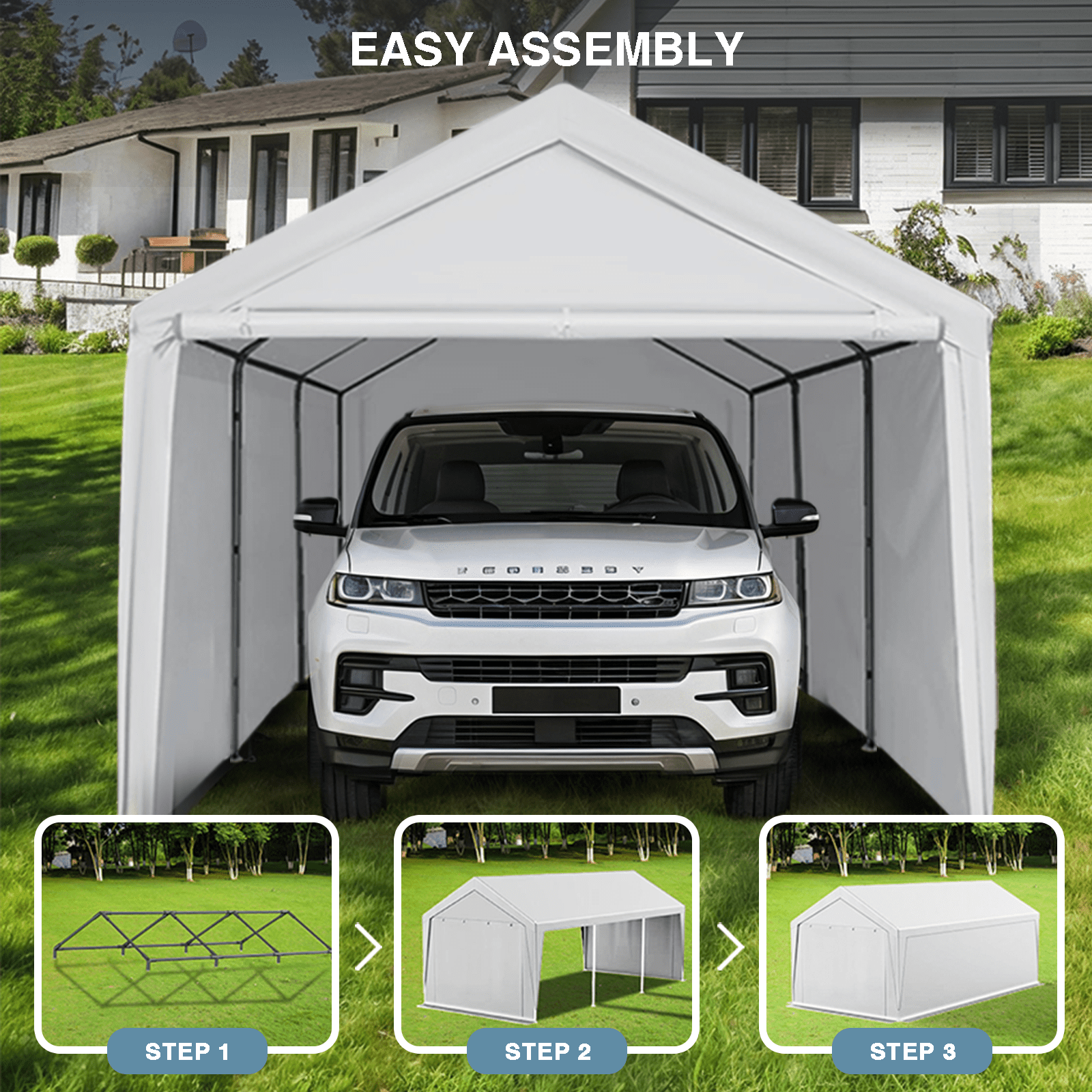 Gaildon W10xL20Ft Heavy Duty Steel Carport Portable Garage with Removable Sidewalls, Waterproof&Anti-Sunburn&Adjustable Height,White