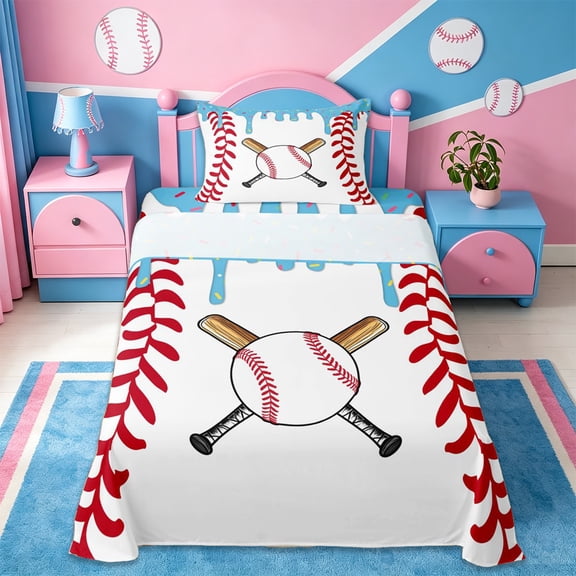 Erosebridal Baseball Sport Twin Sheet Sets,Blue Ice Cream Drip Bedding For Boys Kids 3pcs