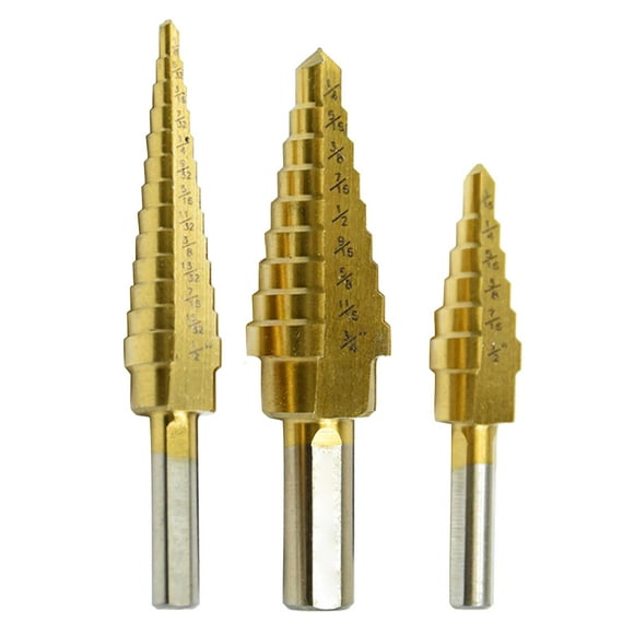 Amdohai 3pcs Straight Step Drill Bit Set Titaniu-m Coated for Wood Metal Hole Cutter High Speed Steel Drilling Bit 3/16-1/2, 1/8-1/2, 1/4-3/4