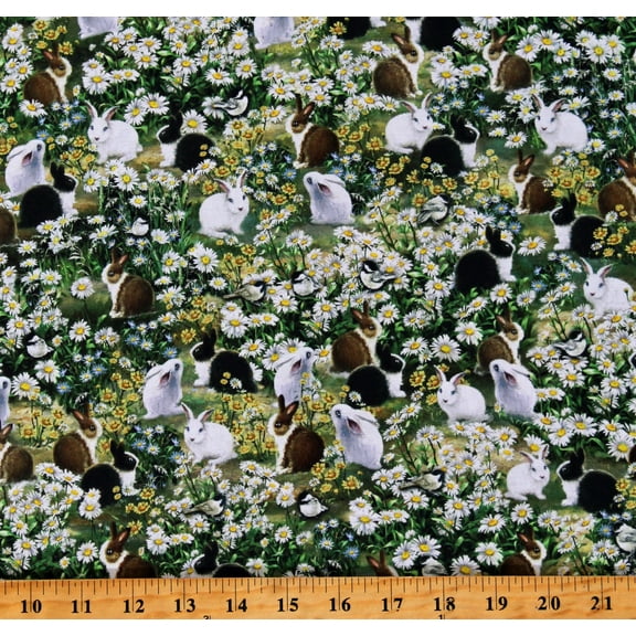 Cotton Spring Meadow Bunnies Bunny Rabbits Woodland Animals Flowers Multicolor Cotton Fabric Print by the Yard (DONA-CD1394MULTI)