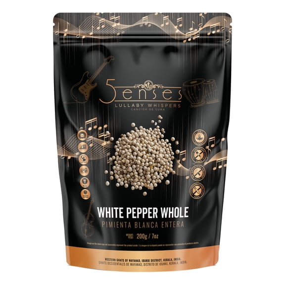 5Senses Malabar Whole White Pepper | Pimienta Blanca | Lullaby Whispers | 100% Natural, Non-GMO, Fairtrade Whole Spices, Gourmet Spice, Kosher, Vegan Spices (7oz/ 200g)