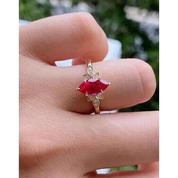 1Ct Marquise Cut Lab Created Red Ruby Women's Wedding Ring 14K Yellow Gold Plated Sterling Silver