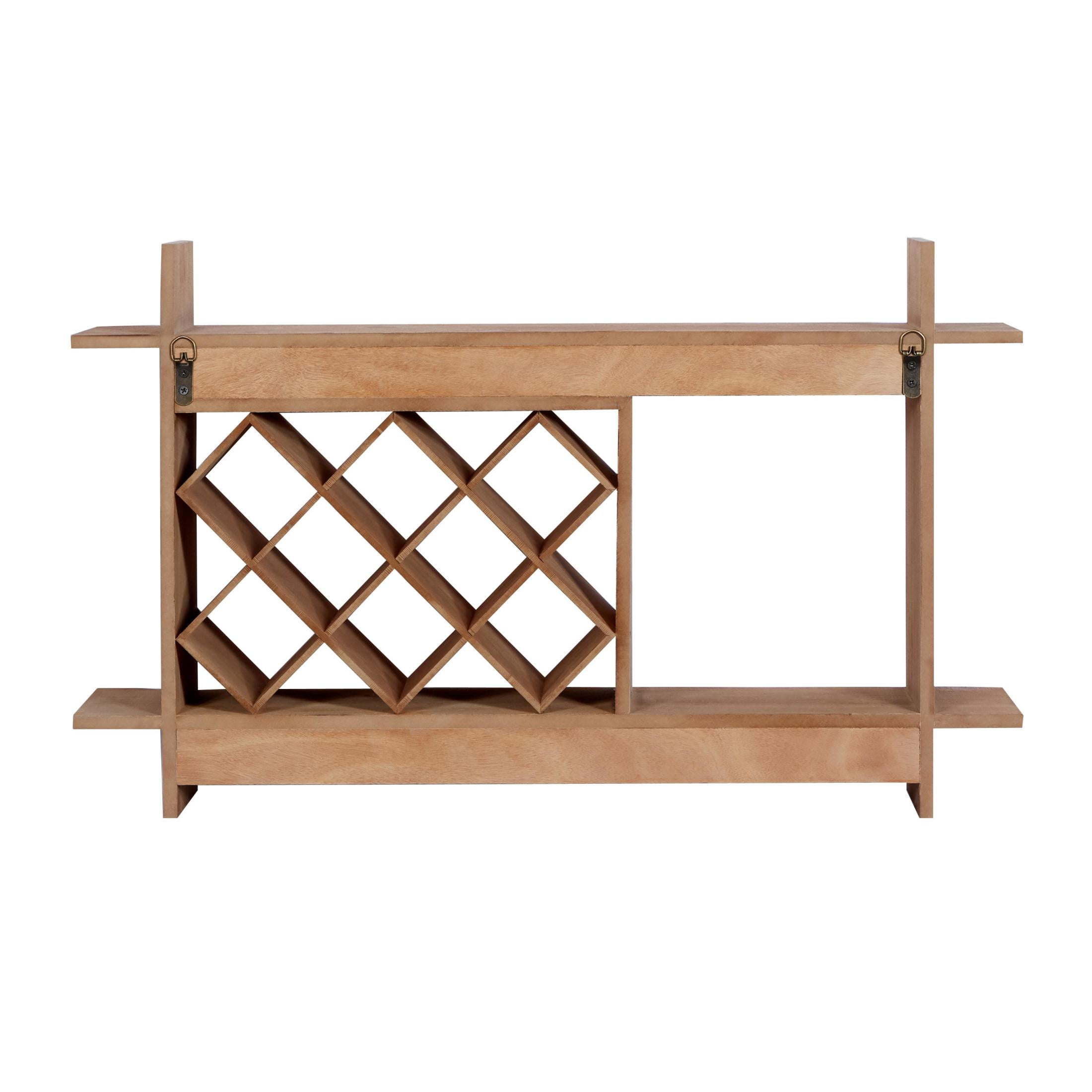 DecMode 34" x 20" Brown Wood Geometric 8 Bottle Wall Wine Rack with 6 Glass Holder Slots, 1-Piece