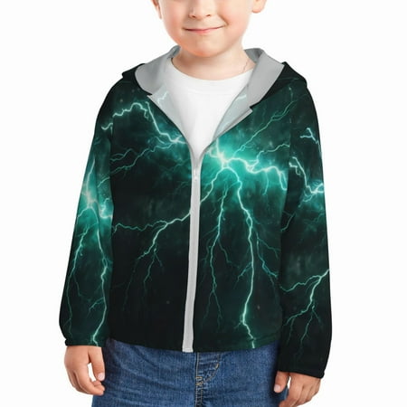 

Sun Hoodie for Kids Green Lightning Flash Long Sleeve Swim Fishing Shirts Sun Protection Zip Up Jacket Clothing Athletic Hoodie