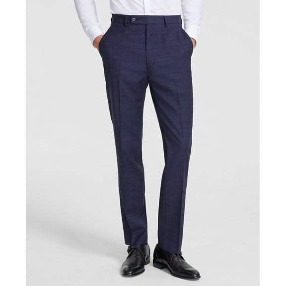 Calvin Klein Mens Slim fit Dress Pants 42 / 30 Navy Blue Plaid Stretch Wool