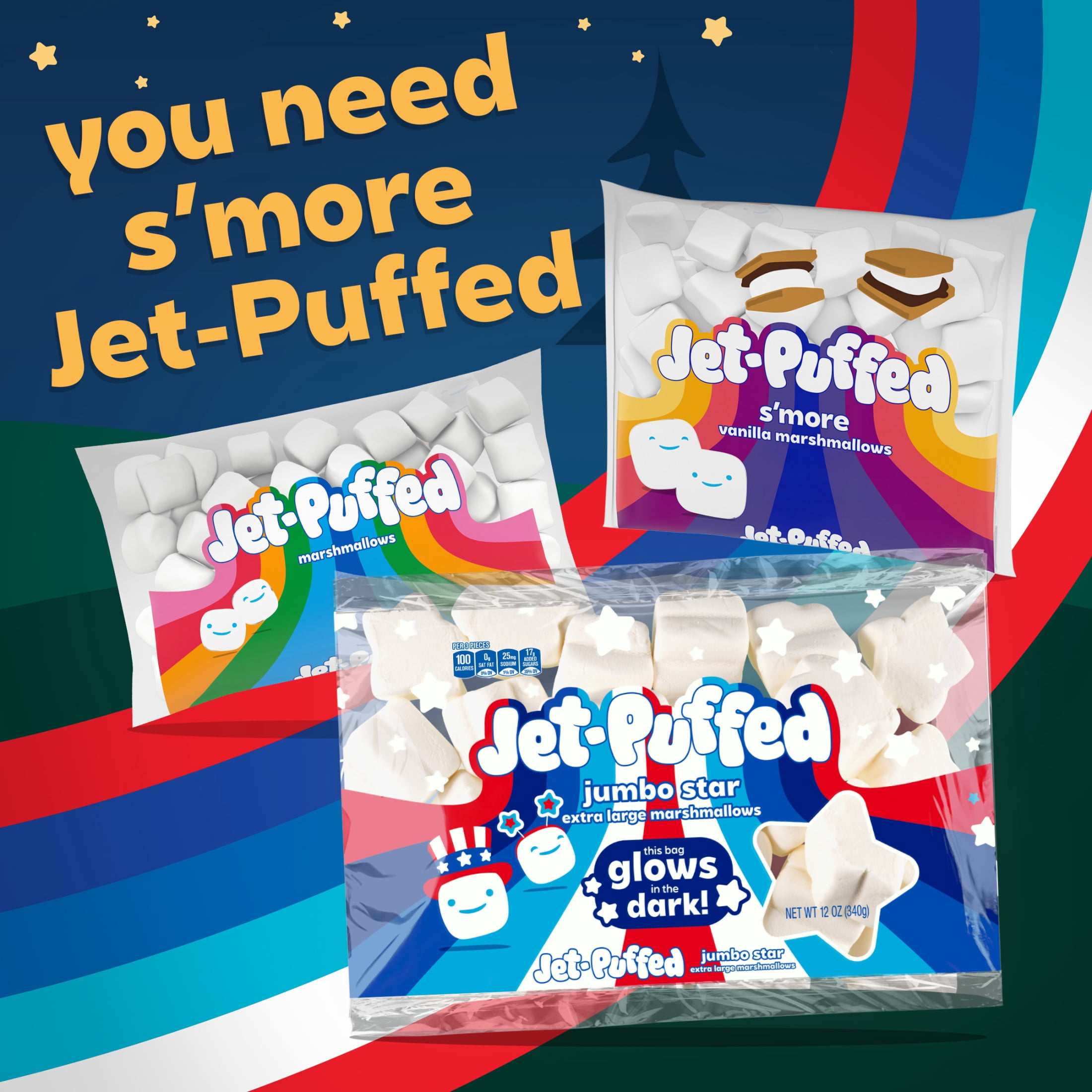 Jet-Puffed Jumbo Star Extra Large Marshmallows, 1 Bag, for S'mores and Americana Snacking, Fat Free, Glow-in-the-Dark Bag, 12 oz