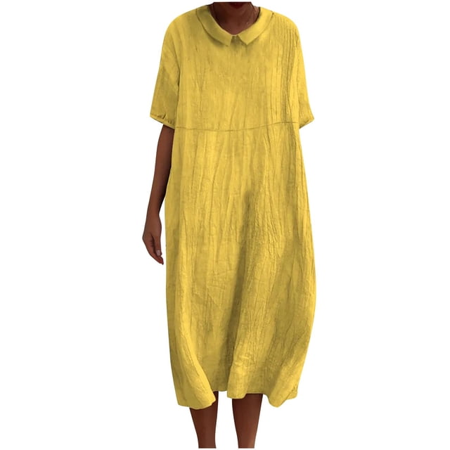 Hyknon Dresses for Women Mode Couleur Unie Décontractée Ample Quotidienne Robe à Manches Courtes Col Rabattu Décontractée Douce Fluide Ample Robes