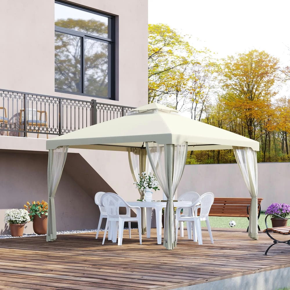 GVN Patio Garden Pergola, Pergola Canopy,9.6' x 9.6' Patio Gazebo, Outdoor Canopy Shelter with 2-Tier Roof and Netting, Cream White