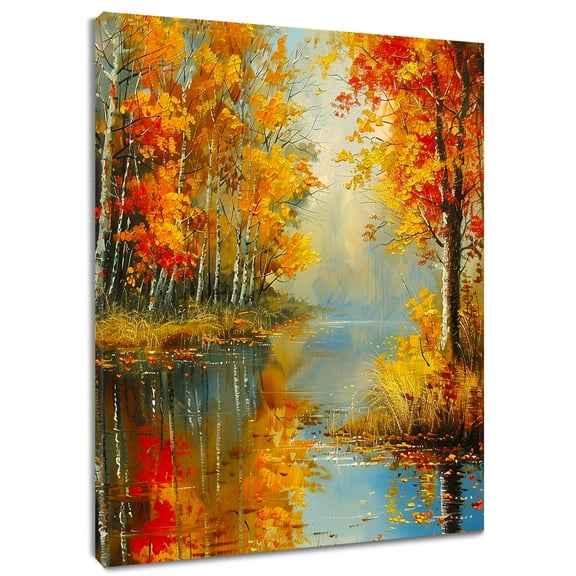 Autumn Maple Leaves Canvas Wall Art Fall Tree Forest Stream Wall Art Field Landcape Painting Canvas Prints Wall Art for Living Room Bedroom Bathroom Home Decor Framed Ready to Hang,8x10 Inches