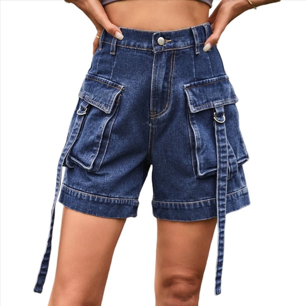 Pantalones Cortos de Sarga de Tiro Medio y Alto para Mujer, Elásticos, con Bolsillos, para Discotecas Azul Oscuro L