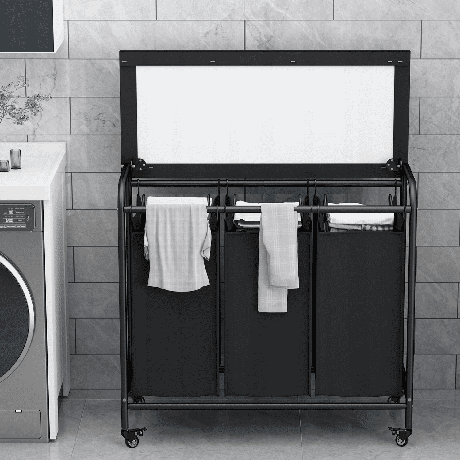3 Bag Laundry Basket Sorter Heavy Duty Rolling Lockable Wheels Laundry Hamper Cart with Ironing Board and Removable Bags, Black