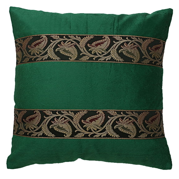Stylo Culture Indian Chair Seat Throw Pillow Cover 16x16 Polydupion Brocade Jacquard Dark Green Square 40 x 40 cm Home Decor Velvet Floral Zippered Cushion Cover | 1 Pc