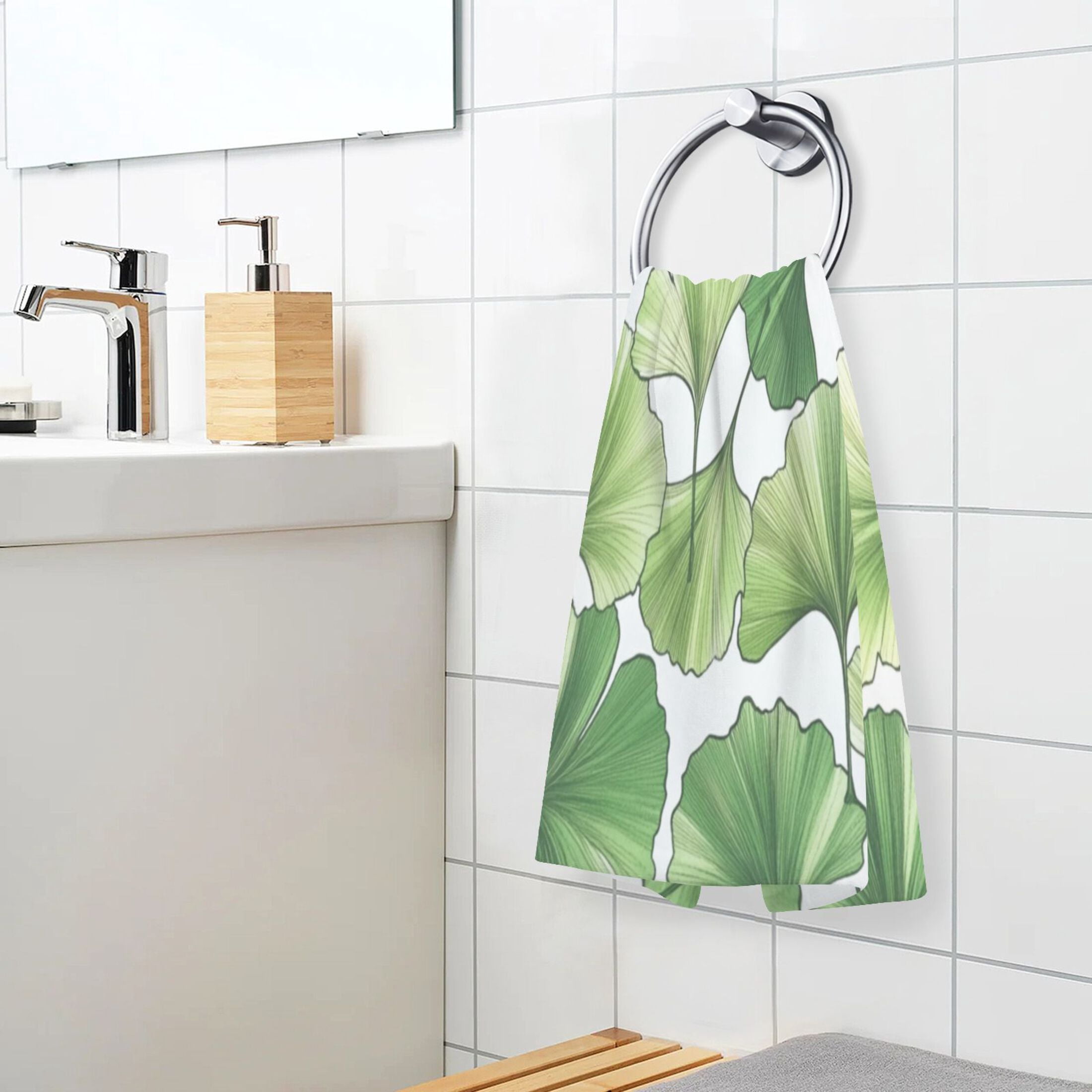 2 Pcs Absorbent Face Towel Bath Hand Towels Soft Breathable Cotton Towel Set for Bathroom Kitchen Hotel Spa Decor Green Ginkgo Biloba