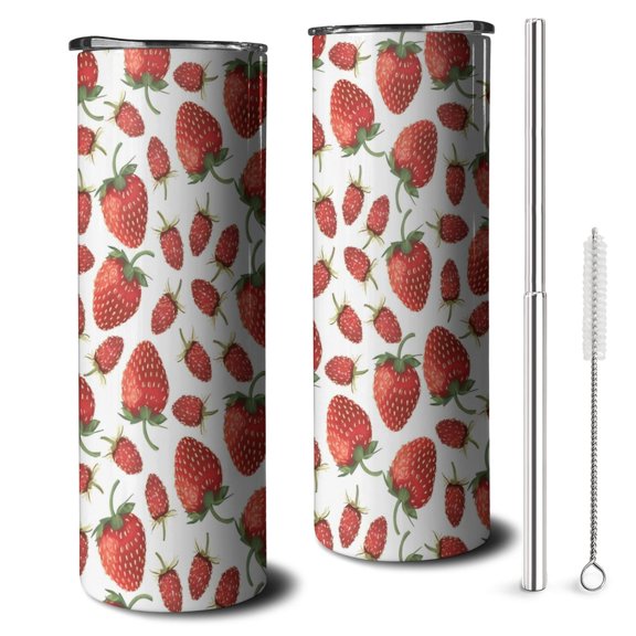 20oz Strawberry Plants Fruit White Pattern Skinny Tumblers Stainless Steel Tumbler with Lid and Straw,Vacuum Insulated Double Wall Travel Tumbler Cups with Cleaning Brush for Coffee,Tea
