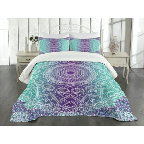 Ambesonne Mandala Quilted Bedspread Set 3 Pcs, Ornate Hippie, Queen Size, Purple Aqua