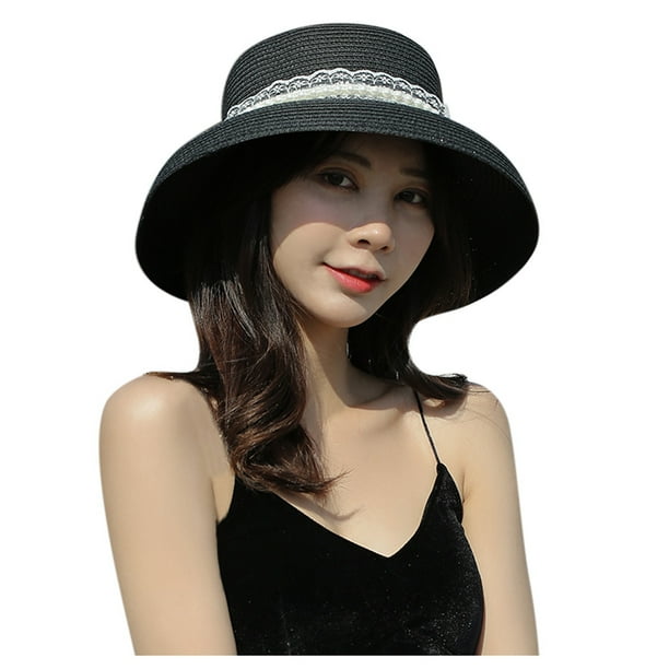 MIARHB Freedomgo Women White Lace Wide Straw Hat Outdoor Beach Sun