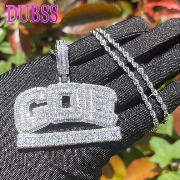 Dubss Iced Out Necklace for Men God Over Everything Pendant Double Color Hip Hop Jewelry