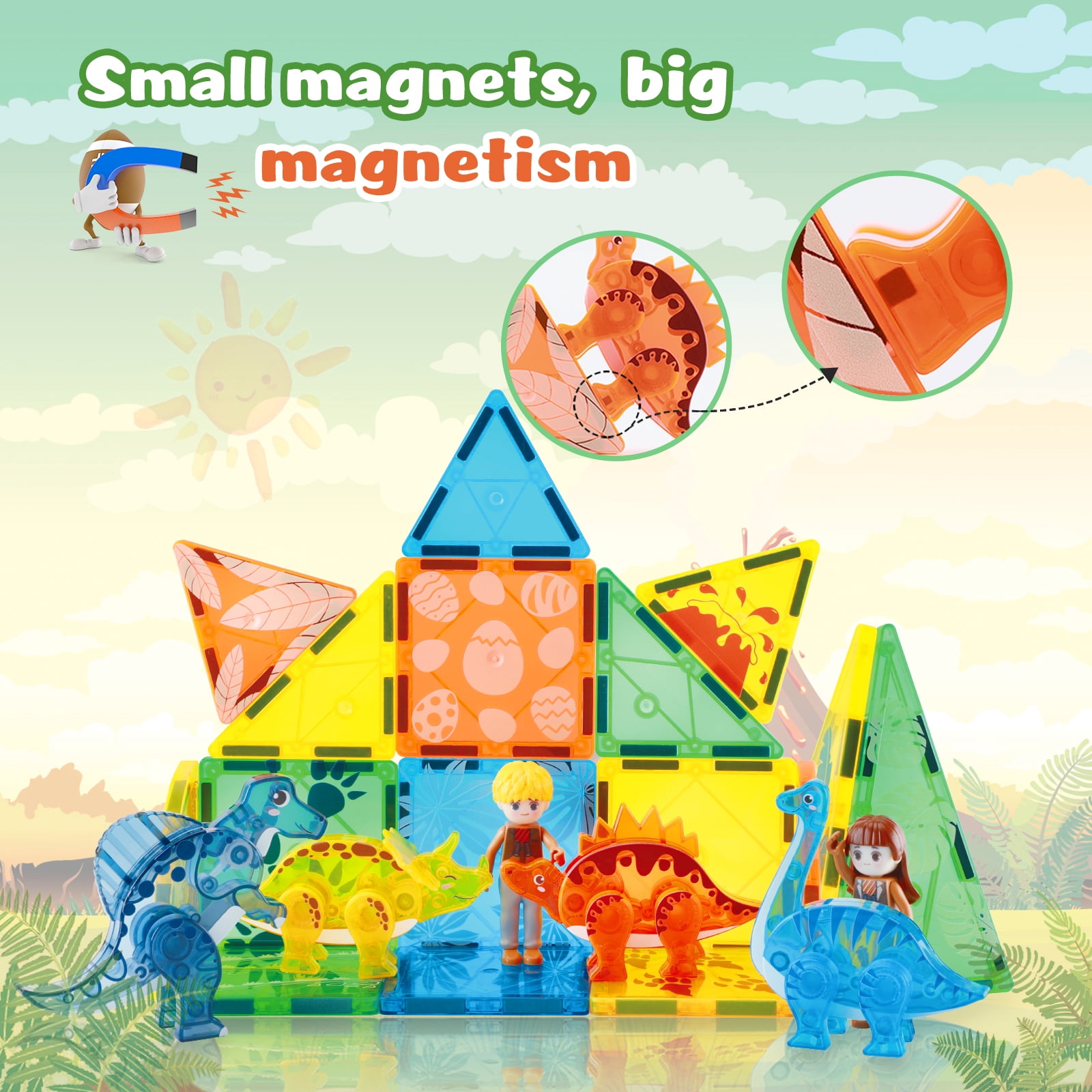FunMagic Magnetic Tiles Dinosaur Toys 3D Movable Dino Blocks for Kids Toddler Outdoor Sensory Toys, Educational Building Blocks for Boys Girls
