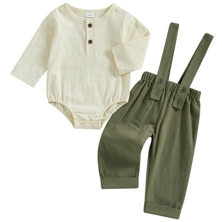 

Newborn Infant Baby Boys 2PCS Outfits Set Long Sleeve Button Up Romper Solid Color Suspender Pants Clothes Set 3-6 Months