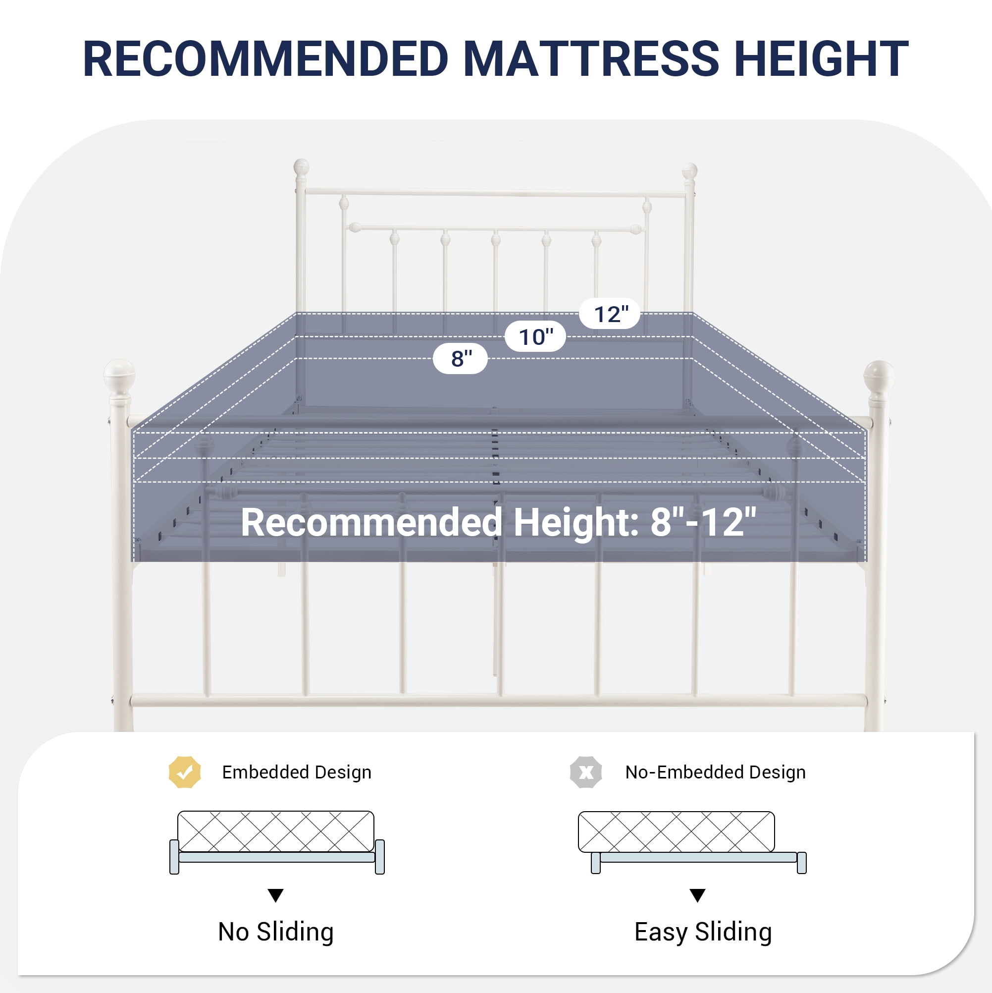 Sifurni Queen Size Metal Platform Bed Frame with Victorian Vintage Headboard, White