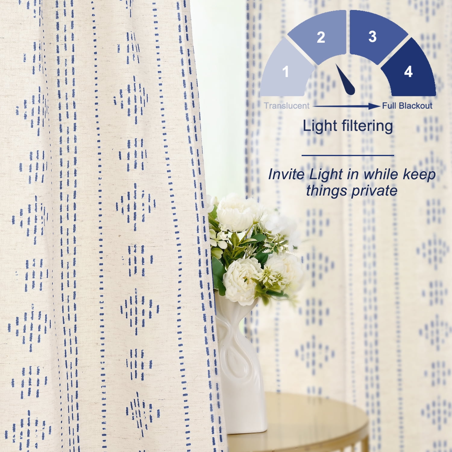 Alishomtll Boho Farmhouse Curtains Linen Light Filtering Blue Geometric Striped Window Drapes ,52"x84", 2 Panels