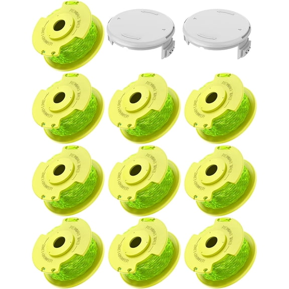 Sophialy String Trimmer Line for Ryobi One Plus AC80RL3, 0.08" 10-Pack Replacement Spools with 2 Cap Covers for 18V 24V 40V Cordless Weed Wacker Grass Trimmer Green Nylon Line