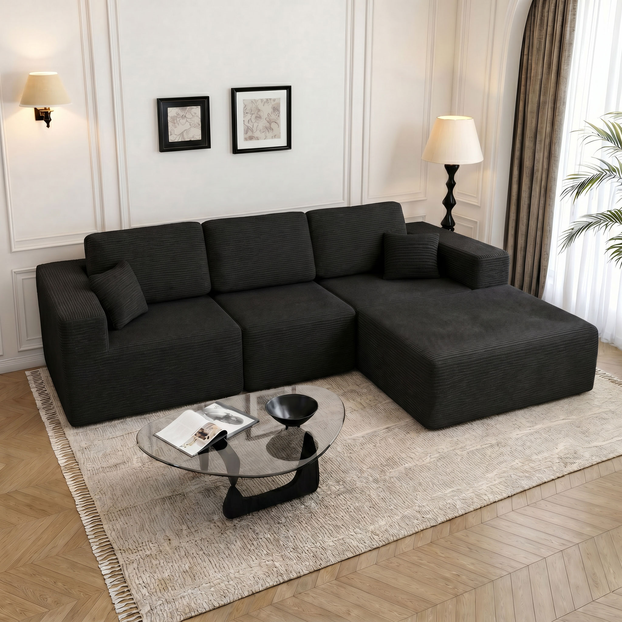 JONPONY L-Shape Sofa Couch,Cloud Sofa Couch No Assembly Boneless Deep Seat Sofa for Living Room, Black