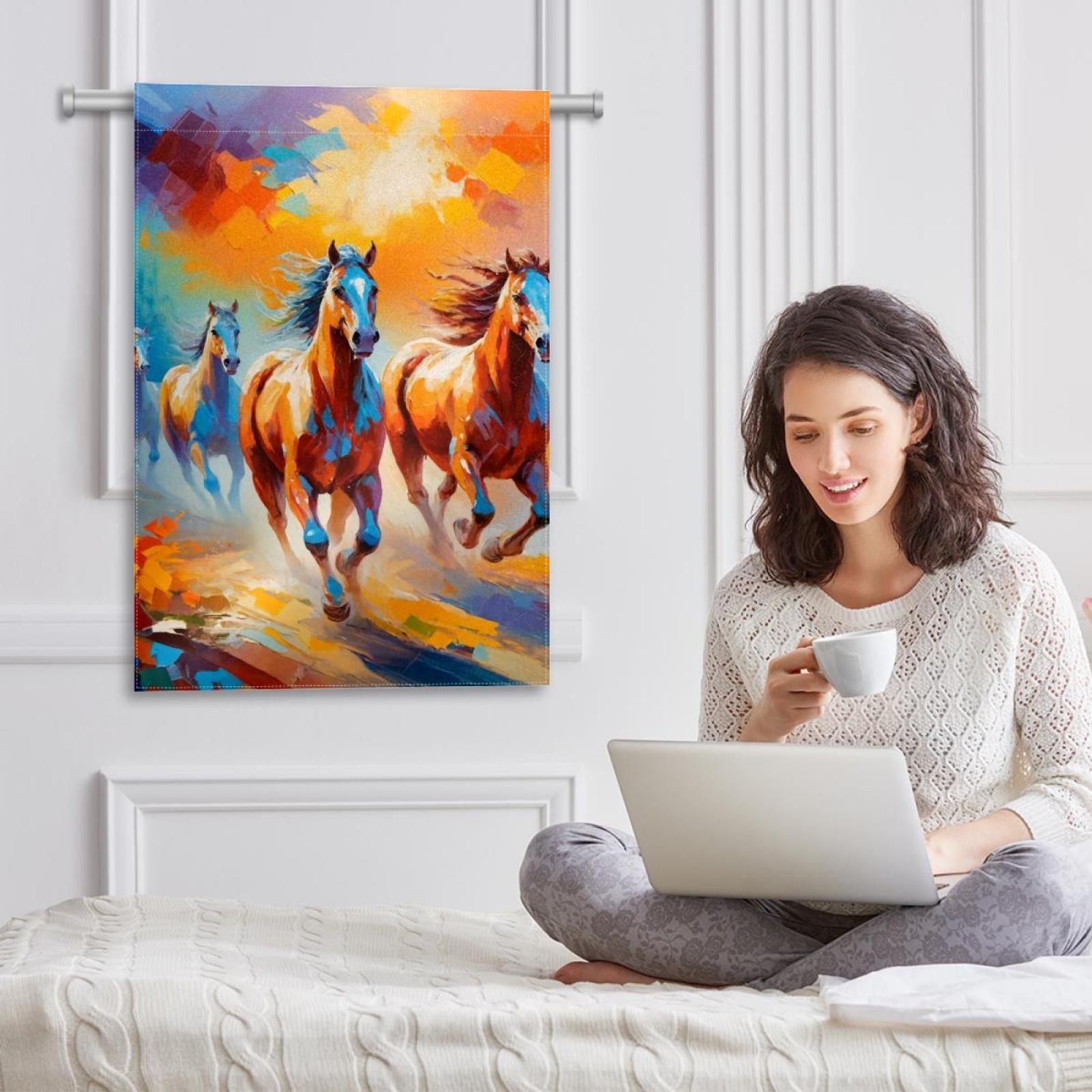 Welcome Oil Painting Running Horses Pattern Garden Flag, Vertical Double Sided Small House Flag, Yard Farmhouse Outdoor Deck Veranda Lawn Decor 28x40 Inch