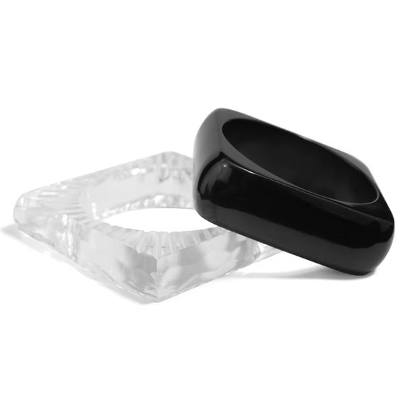 Pure Hands Handmade Acrylic Bangles Bracelets Set of 2 – Diaphanous Voodoo, Chunky Clear Black & White Bracelets, Elegant Jewelry Gift for Women