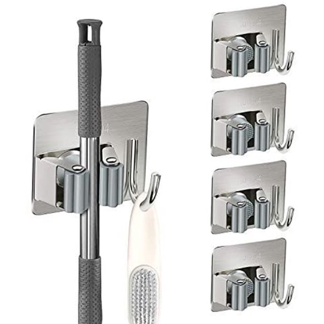 Soporte de pared para escoba, paquete de 5 colgadores de pared autoadhesivos para soporte de fregona (1 gancho y 1 clip) colgadores de herramientas antideslizantes Sincero Hogar