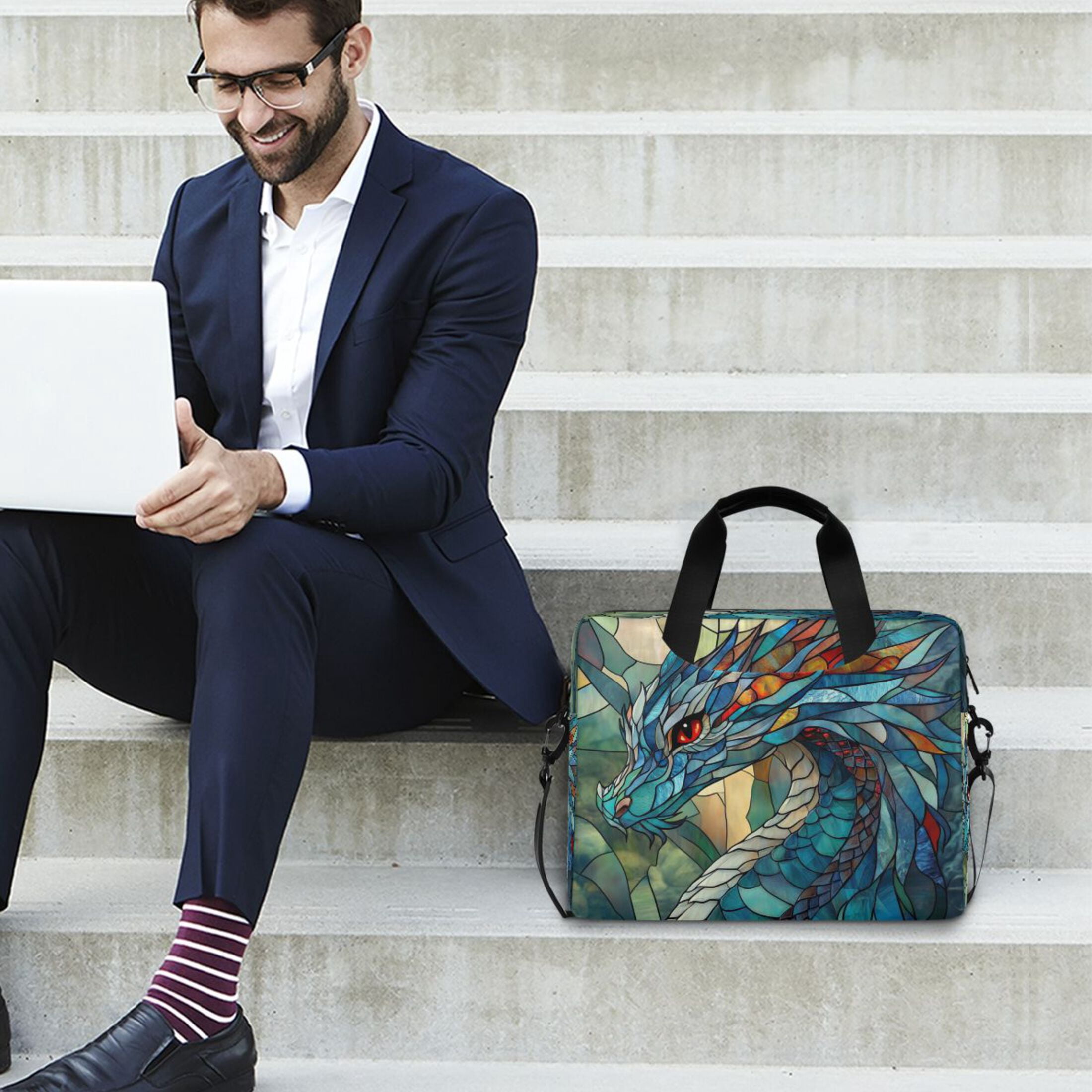 16" Laptop Tote Bag Laptop Sleeve Case Computer Briefcase for Work & Travel Stained Glass Dragon