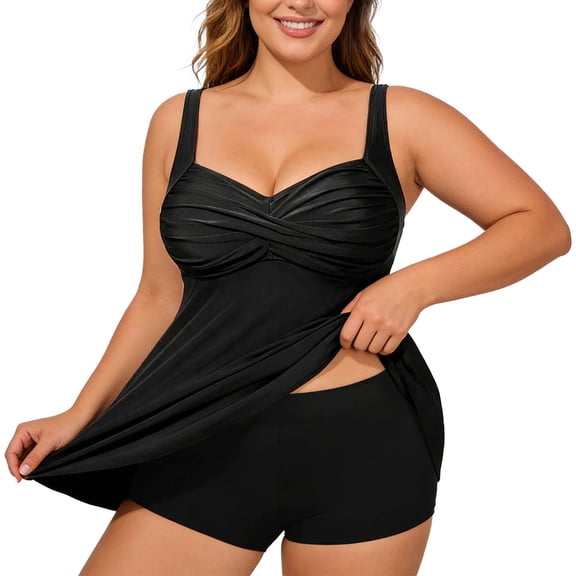 UJNDER Swimsuits for Women High Waist Tankini Top for Plus Size Swimwear Solid Color Swim Shirt with Built in Bra Bathing Suit for Women Black L