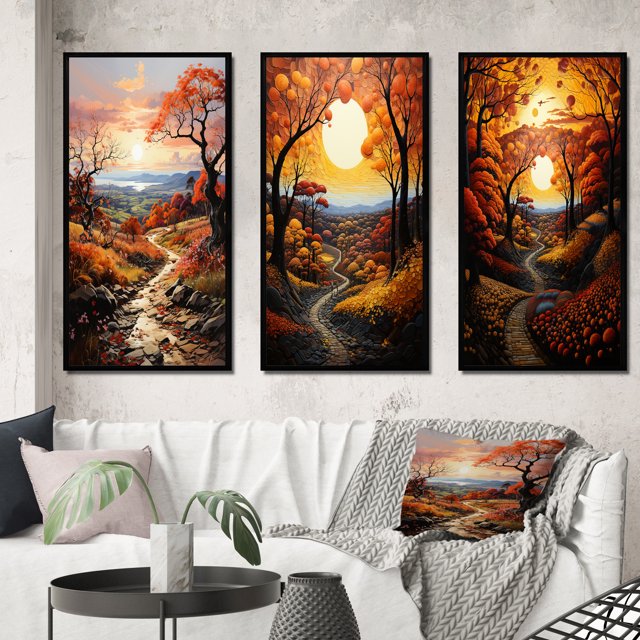 Designart "Autumnal Orchard in the Countryside" Landscape & Nature Framed Wall Art Set Of 3 - Orange Countryside Frame Canvas Set For Living Room Decor