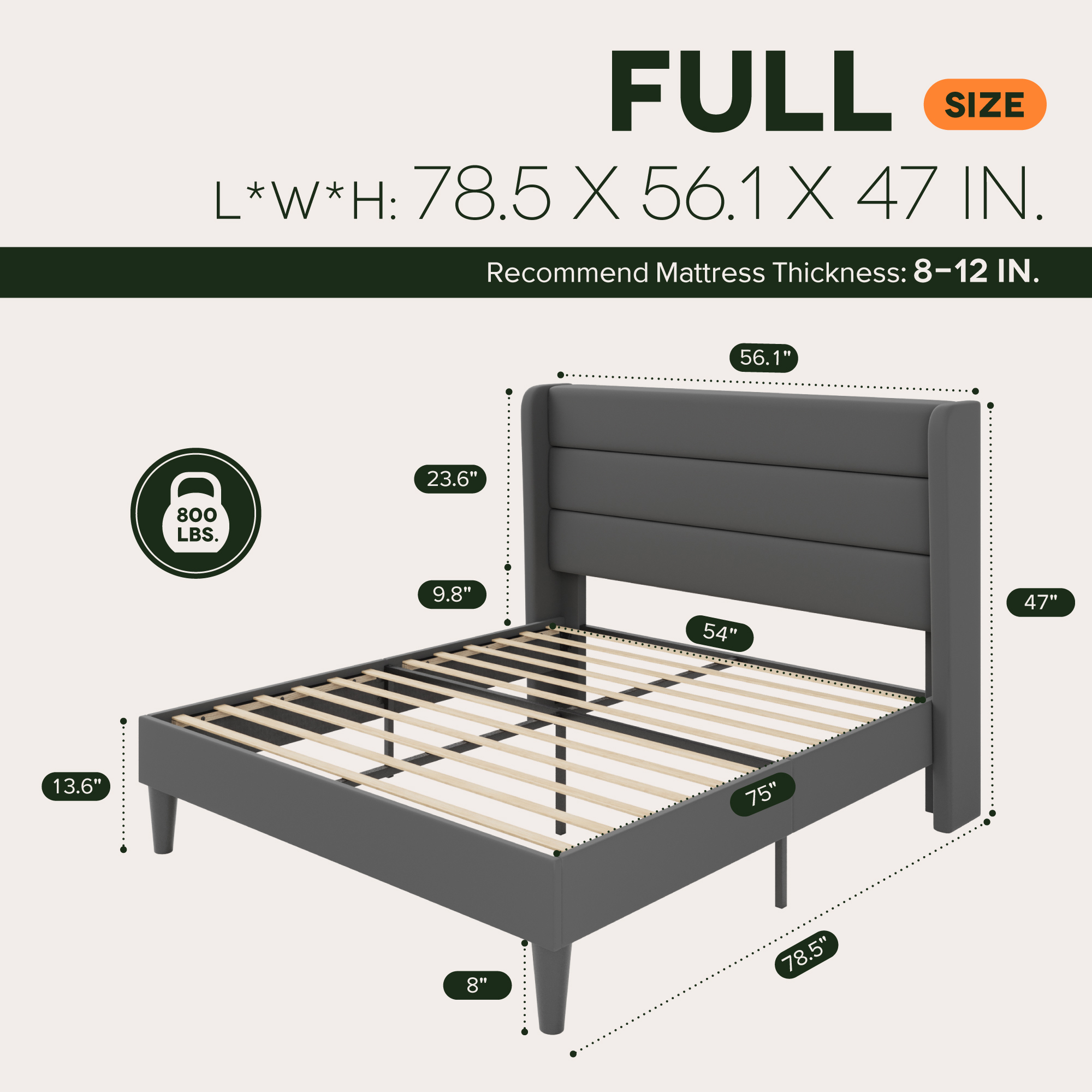 Einfach Full Size Luxury Velvet Upholstered Platform Bed Frame with Wingback Headboard, Light Grey