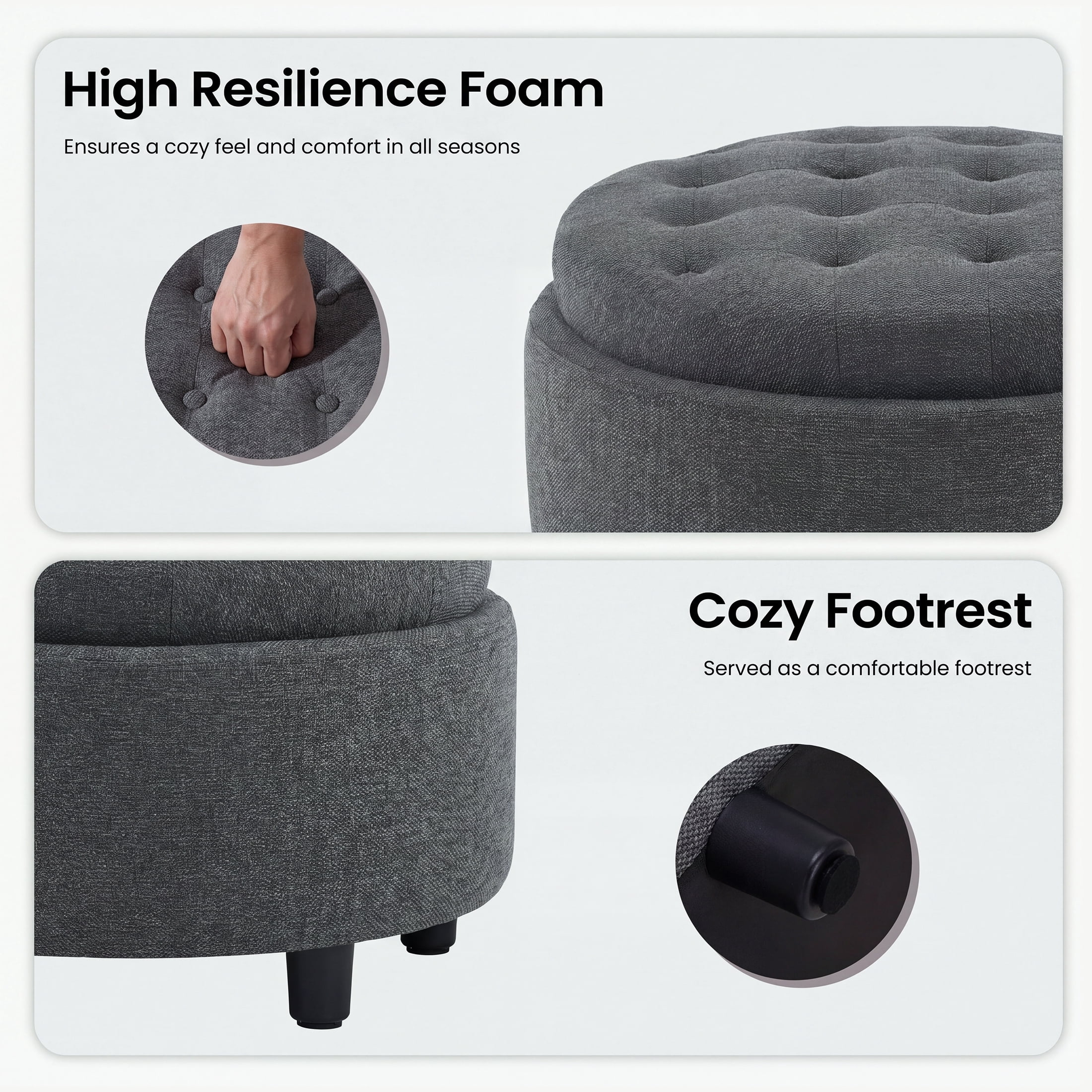 Darkgrey Round Ottoman with Storage and Reversible Tray, Upholstered Fabric Footrest Coffee Table for Living Room, Bedroom, Entryway-25 Inch