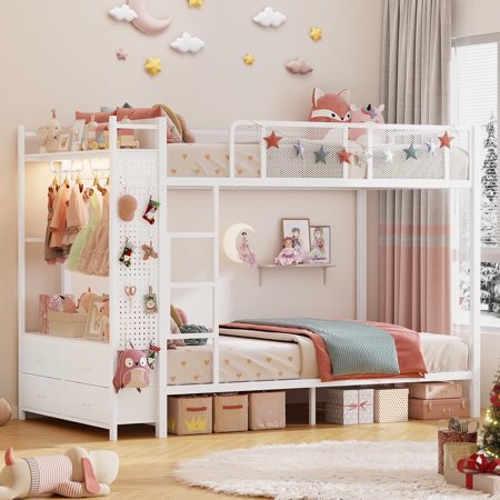 Metal Bunk Bed with Storage and Wardrobe Loft Bed with Charging Station Pegboard Open Shelf and Drawers Saving Space Safety Guard & Ladder No Box Spring Needed White