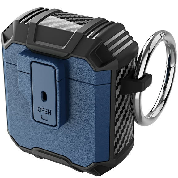 ELEHOLD for Airpods 1 & 2 Rugged Case, Secure Lock Clip Auto Pop-Out Lid Keychain Armor Shockproof Bumper Military Grade Full-Body Hard Protective Cases for Men Women,Darkblue Black