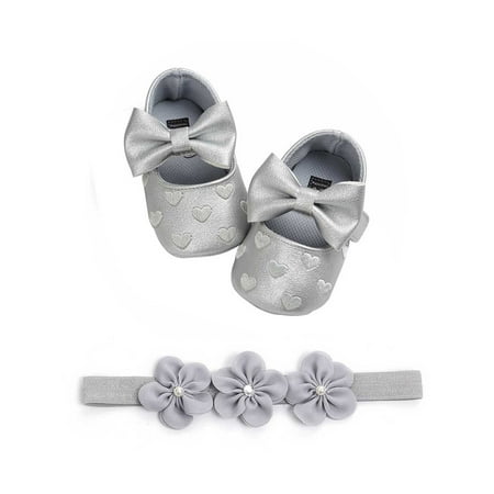 

Baby Baptism Shoes and Headband Set Cute Heart Princess Dress Shoes and Flower Hairband for Infant Newborn Girls