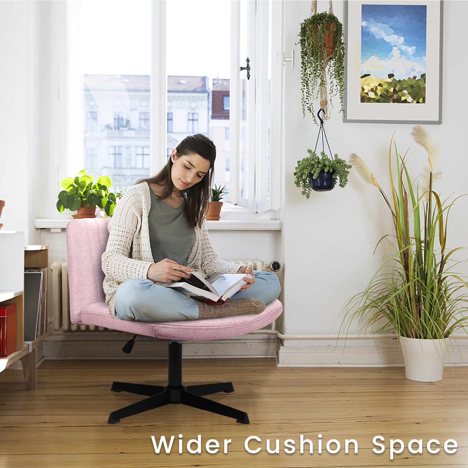 Waleaf Armless Office Desk Chair No Wheels,Fabric Padded Modern Swivel Vanity Chair,Height Adjustable Wide Seat Computer Chair