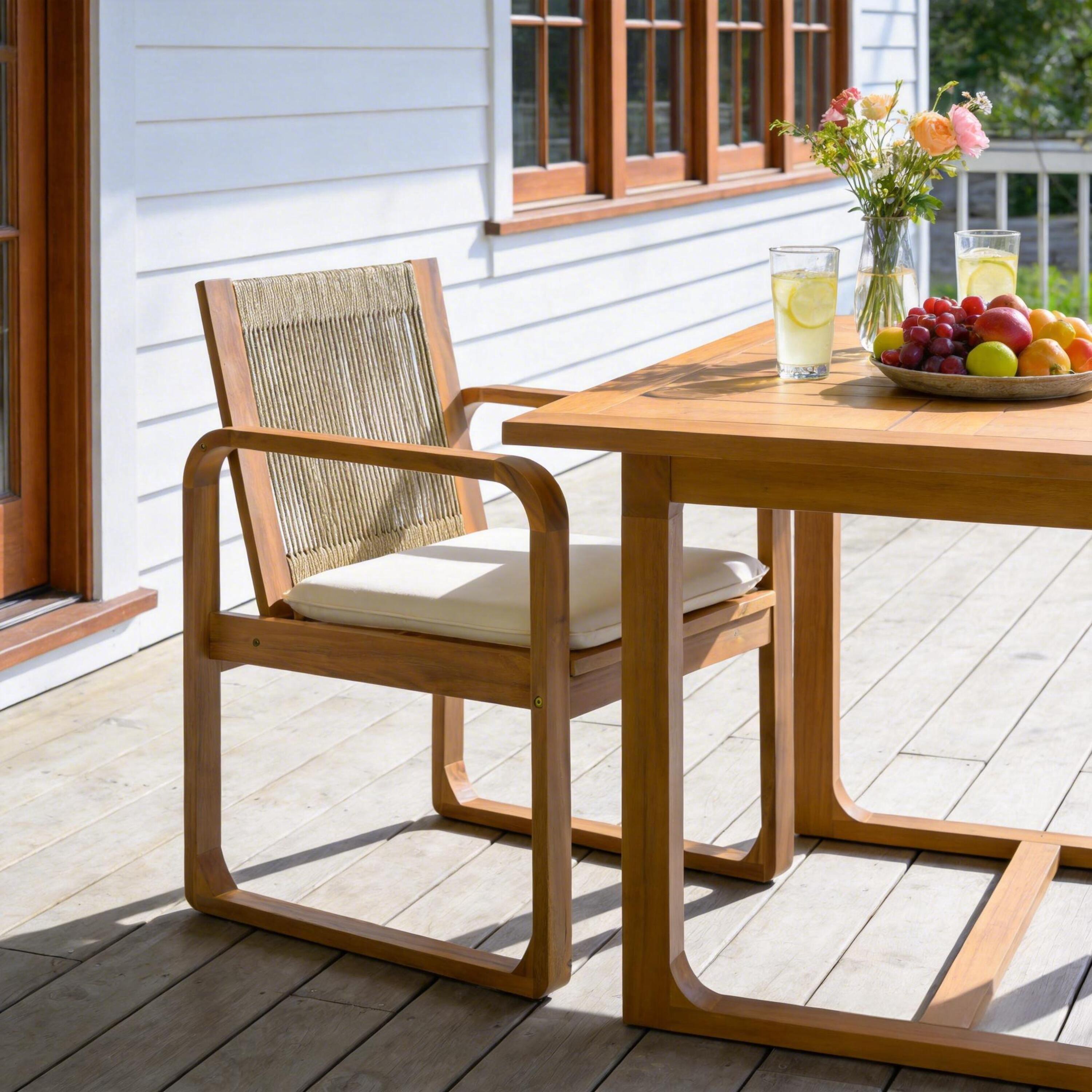 Outdoor Dining Chair Set of 2 with Acacia Wood and Multi Brown Rope Back, Patio Chairs with Beige Cushion and 400 lb Capacity, Light Teak