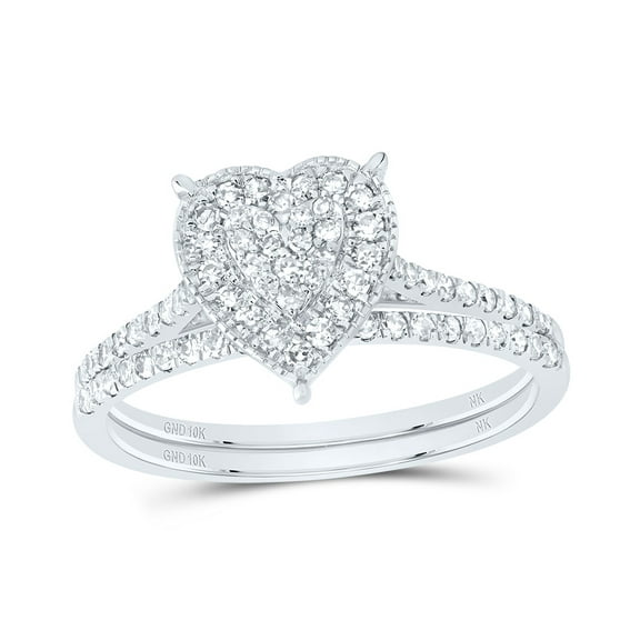 10kt White Gold 3/8 Cttw Natural Diamond Heart Single Halo Wedding Engagement Anniversary Bridal Set, Women Size: 5-9