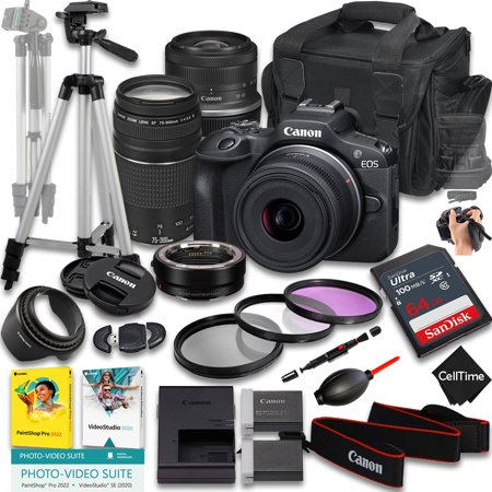 Canon EOS R100 Mirrorless Camera with RF-S 18-45mm f/4.5-6.3 IS STM And EF 75-300mm f/4-5.6 III Lens + Mount Adapter + 64 GB Memory + Extra Battery + More (24pc Bundle)