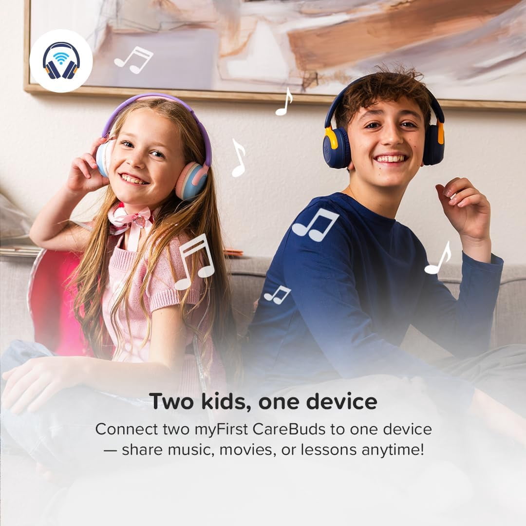 myFirst CareBuds Max Kids Wireless Headphones with Mic, Smart Volume Limit, 52H Playtime, Fast Charging, Interchangeable EarPads (Blueberry Pop)